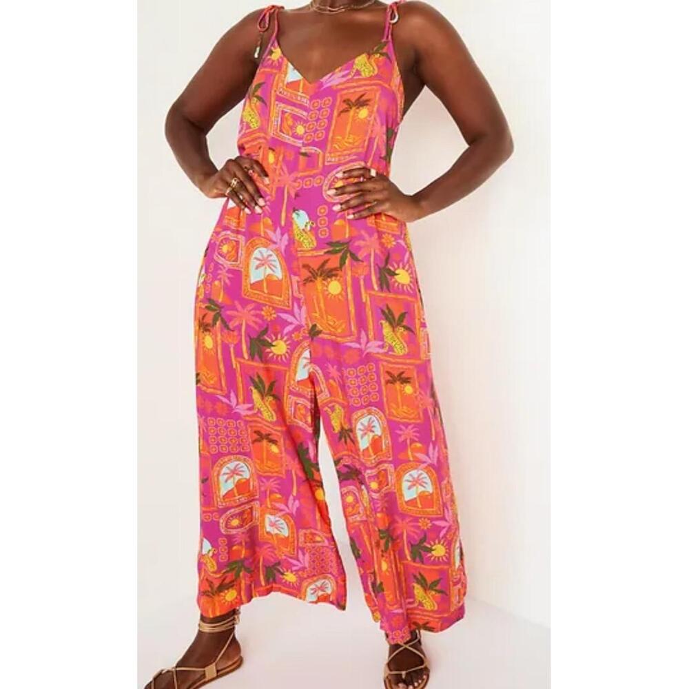 Old Navy Jumpsuit Large Vibrant Pink Wide Leg Flowy Tropical‎ Resort Boho